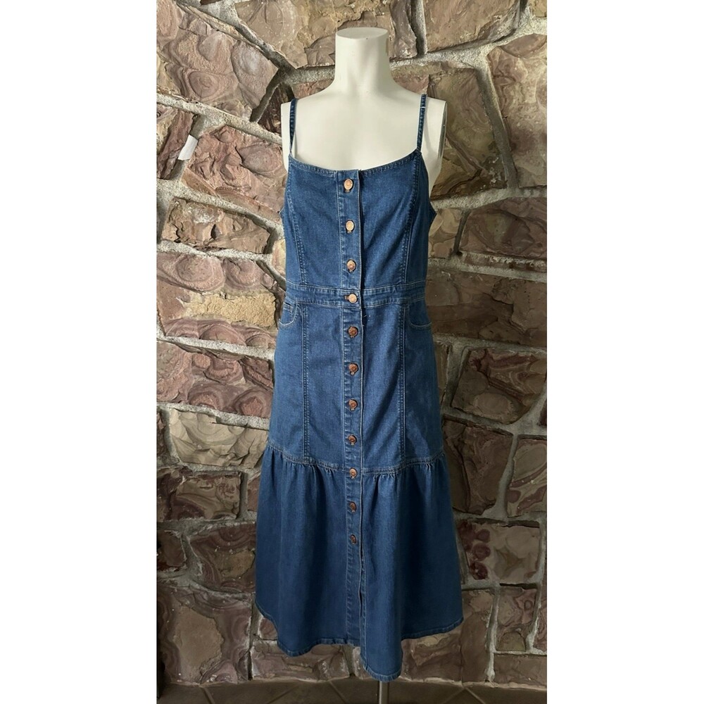Madewell Chambray Denim Dress Tiered Button Front Size 6 Sleeveless Blue